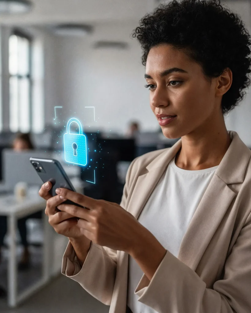 mulher-com-telefone-e-simbolo-de-bloqueio-de-seguranca